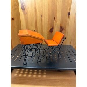 Miniature School Desk Chair Figurine Wood Black Wire Metal Decor 6.5"
